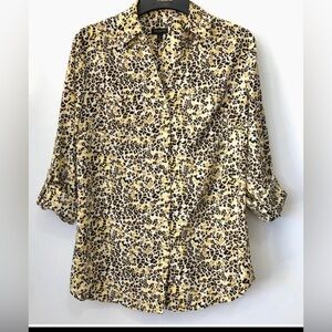 Talbots Women’s Button Front Blouse Yellow Leopard Size 8 Roll Tab Sleeve